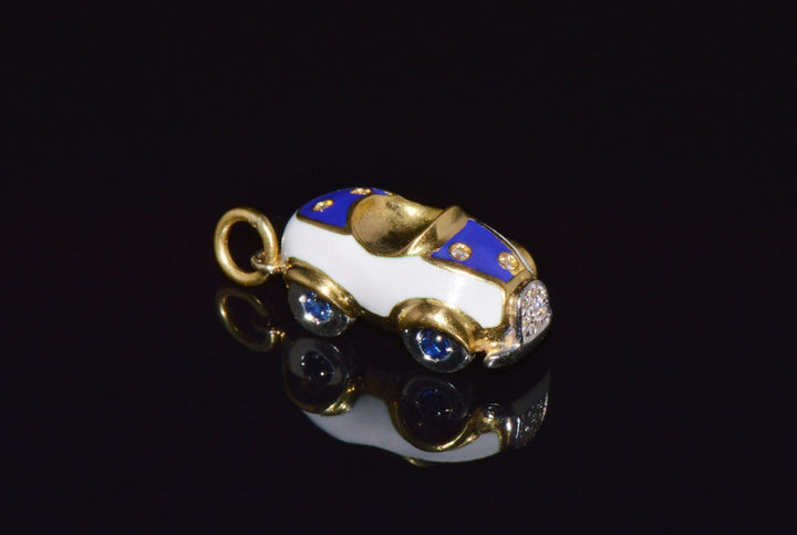 Designer Aaron Basha Natural Diamond Sapphire & Enamel Solid 18k Gold Luxury Car Charm Pendant