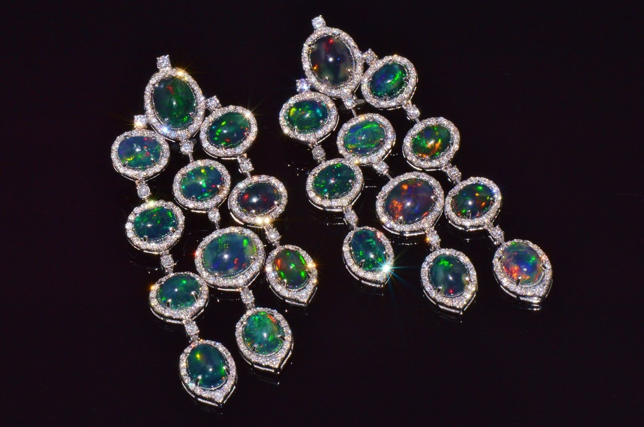 Certified Natural 31.18CTS VS F Diamond Black Opal 18K Solid Gold Dangle Chandelier Earrings