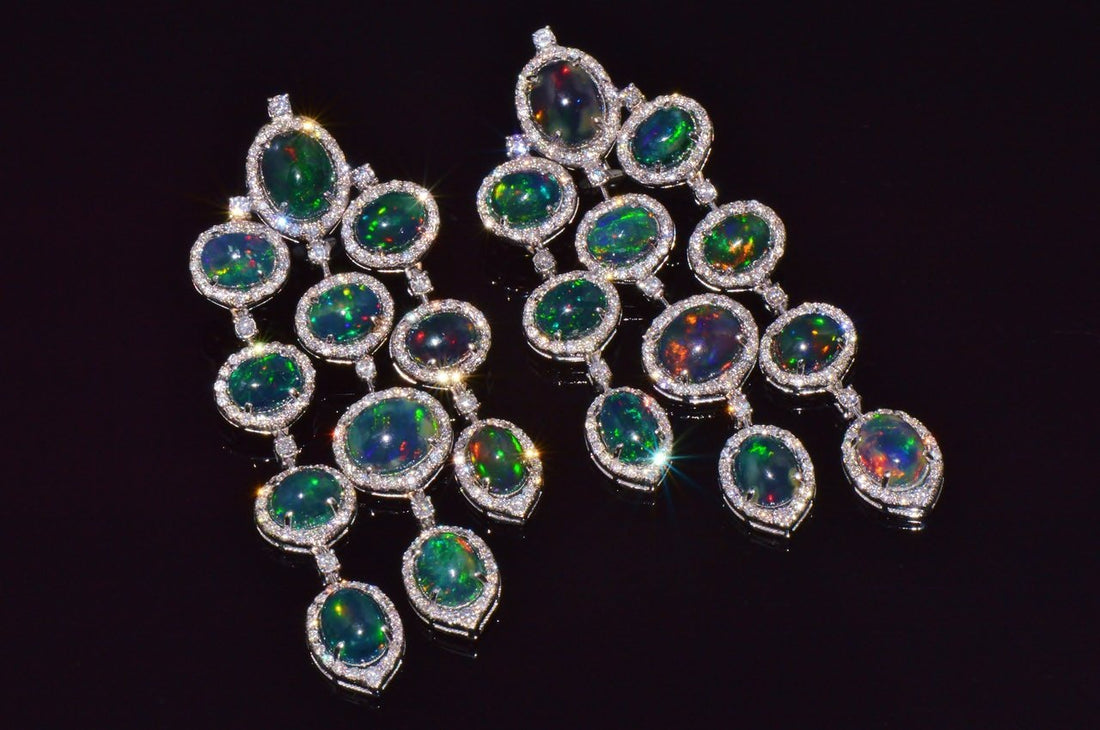 Certified Natural 31.18CTS VS F Diamond Black Opal 18K Solid Gold Dangle Chandelier Earrings