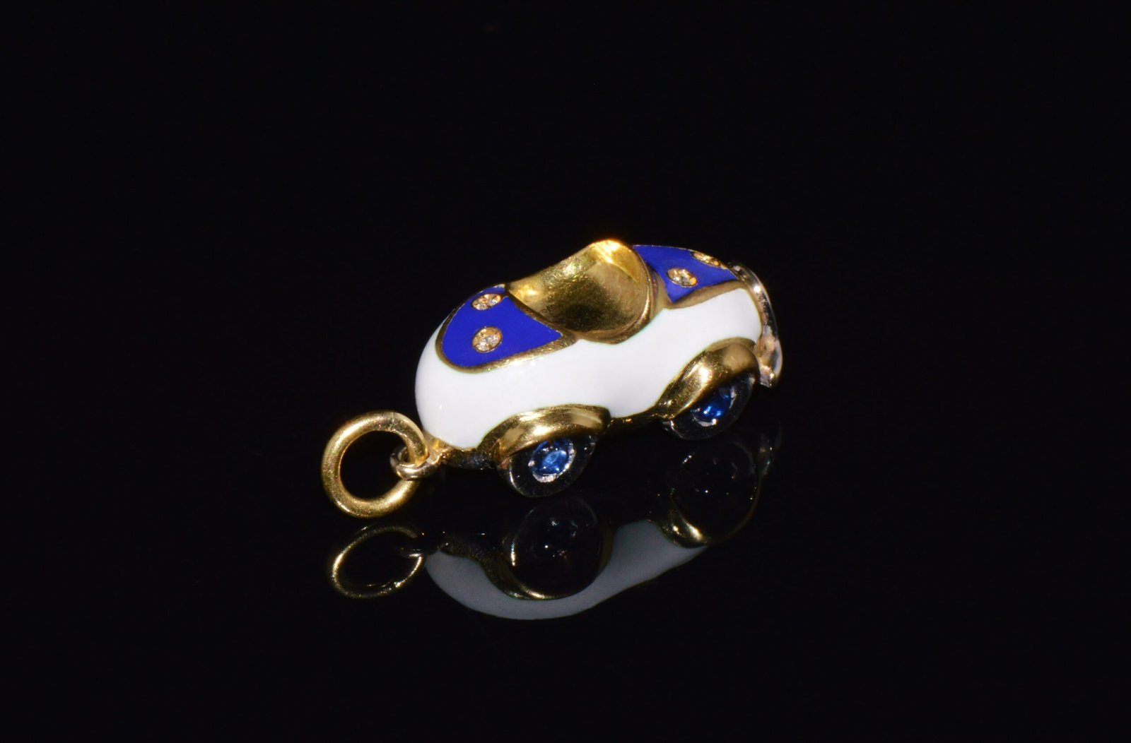 Designer Aaron Basha Natural Diamond Sapphire & Enamel Solid 18k Gold Luxury Car Charm Pendant