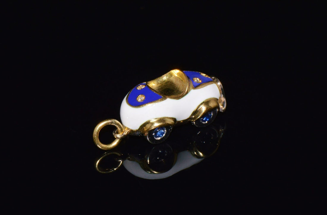 Designer Aaron Basha Natural Diamond Sapphire & Enamel Solid 18k Gold Luxury Car Charm Pendant
