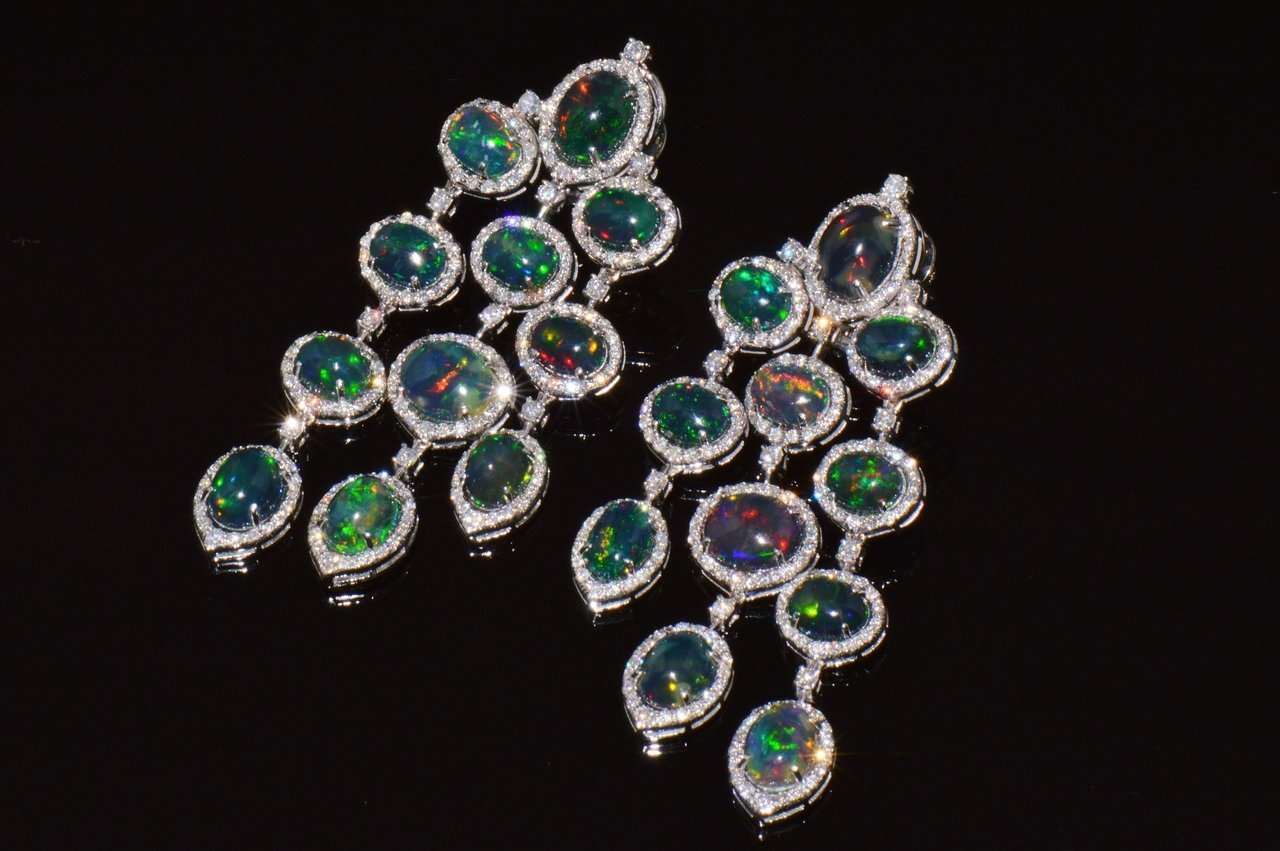 Certified Natural 31.18CTS VS F Diamond Black Opal 18K Solid Gold Dangle Chandelier Earrings