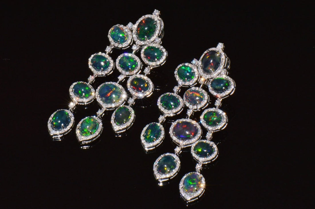 Certified Natural 31.18CTS VS F Diamond Black Opal 18K Solid Gold Dangle Chandelier Earrings