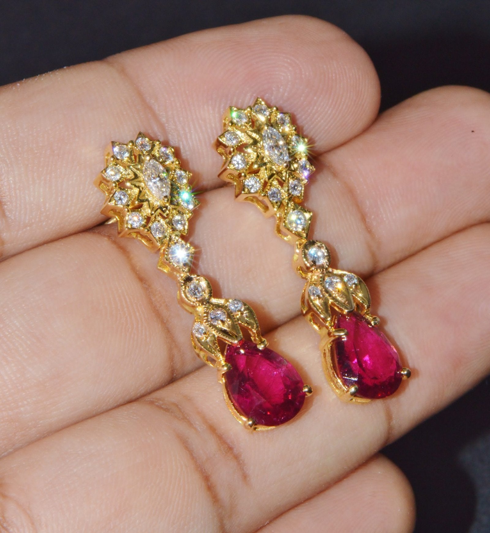 Certified Natural 5.86CTS VS F Diamond Rubellite Tourmaline Dangle Earrings