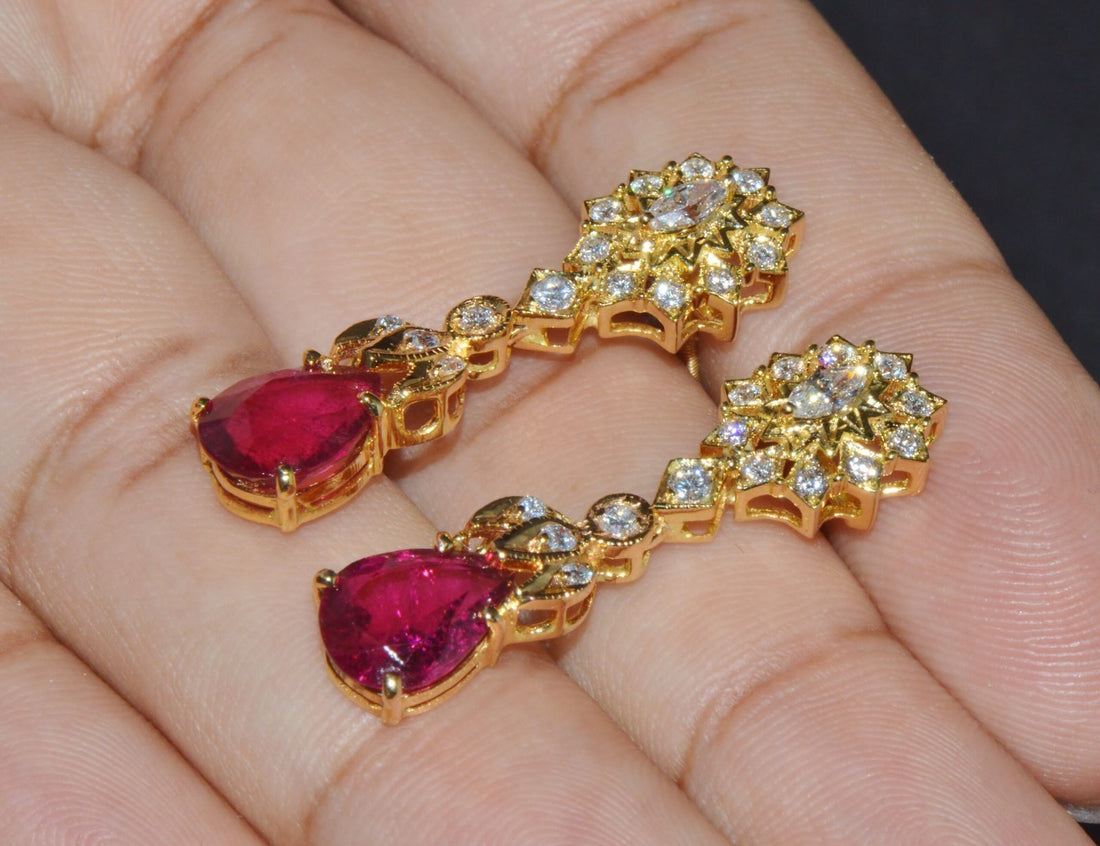 Certified Natural 5.86CTS VS F Diamond Rubellite Tourmaline Dangle Earrings