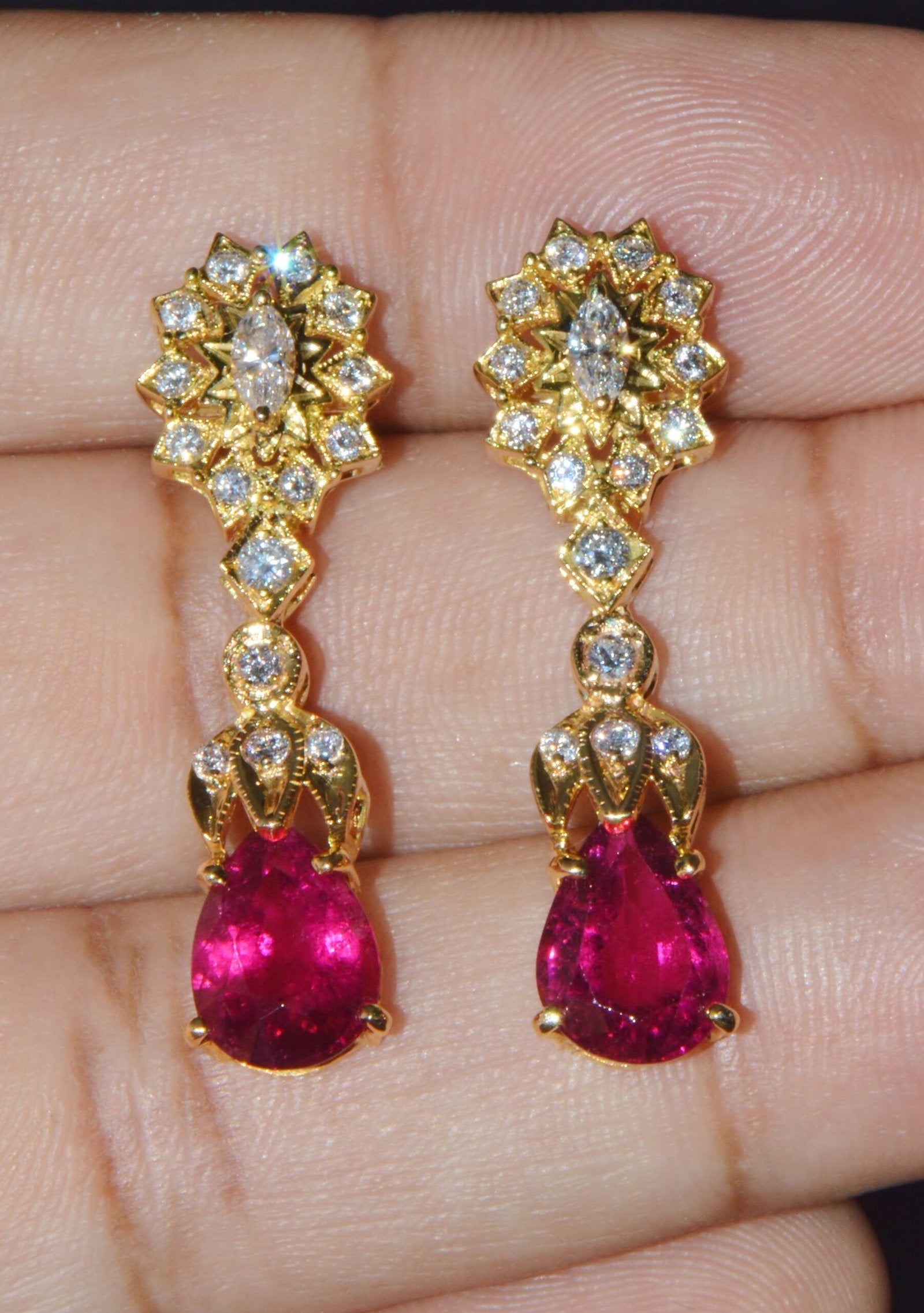 Certified Natural 5.86CTS VS F Diamond Rubellite Tourmaline Dangle Earrings