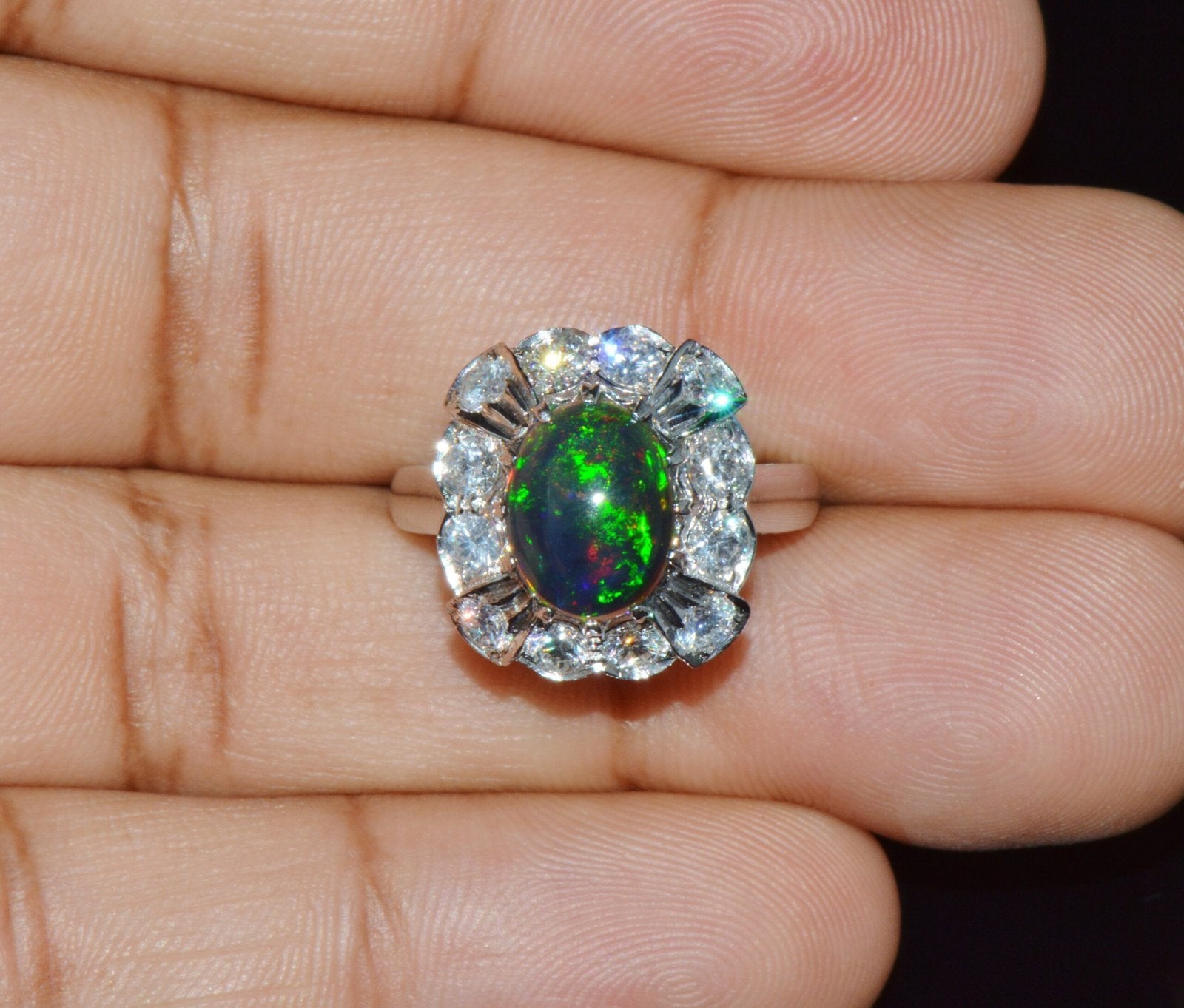 Certified Natural 2.69Cts VS F Diamond Black Opal 18K Solid Gold Tiered Dome Ring