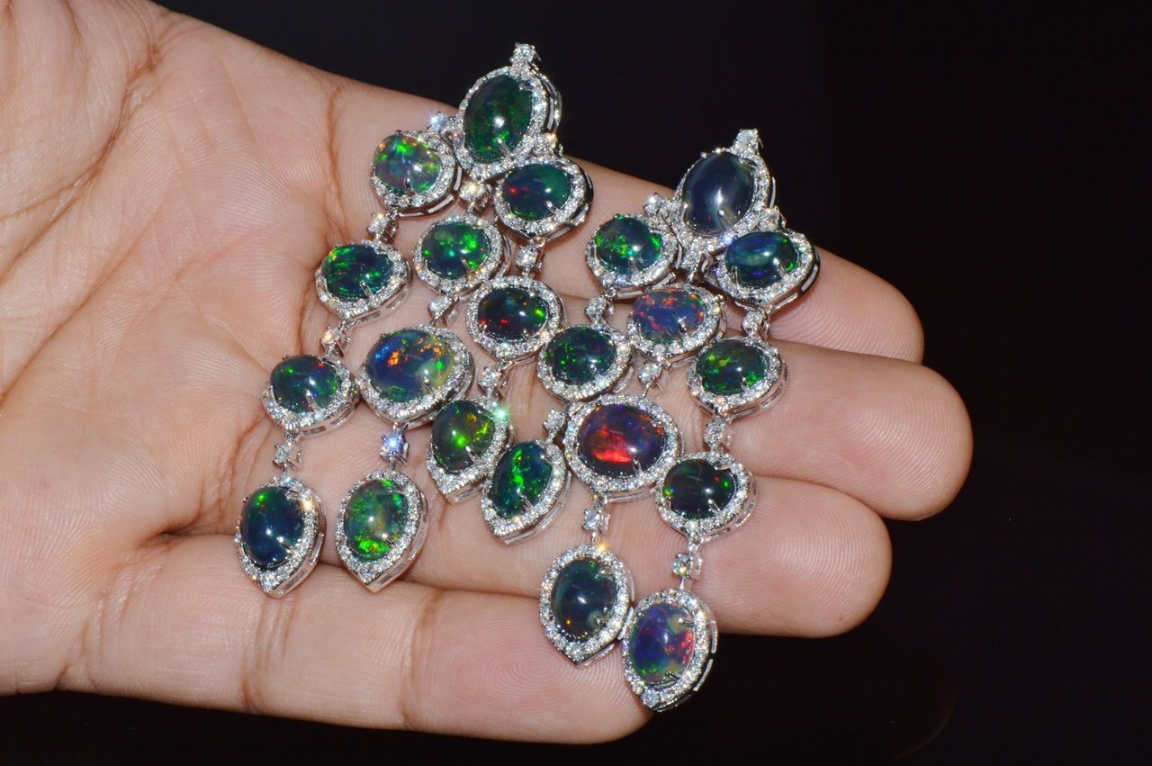 Certified Natural 31.18CTS VS F Diamond Black Opal 18K Solid Gold Dangle Chandelier Earrings
