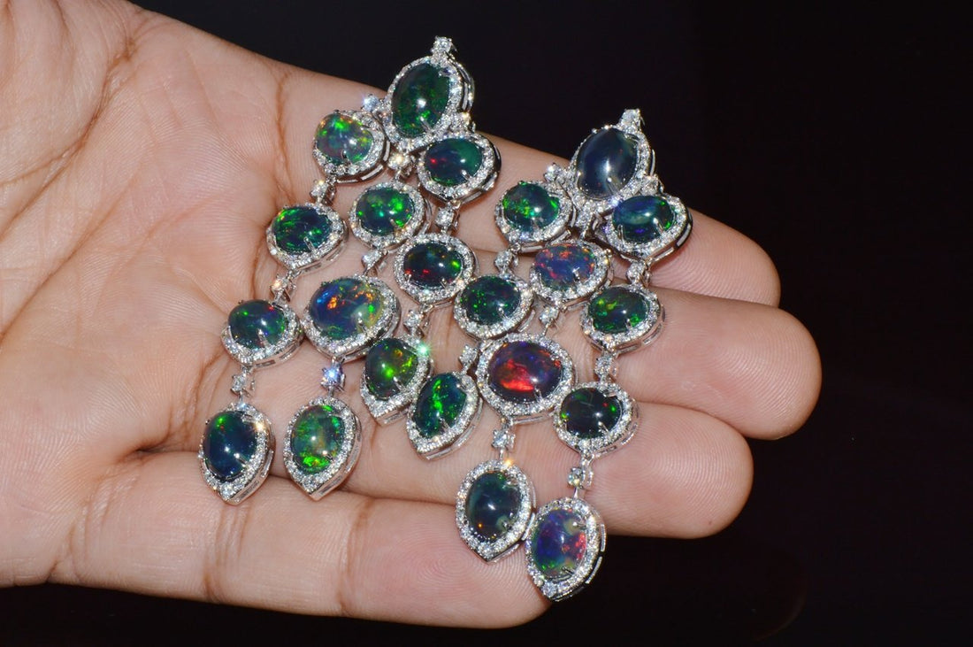 Certified Natural 31.18CTS VS F Diamond Black Opal 18K Solid Gold Dangle Chandelier Earrings