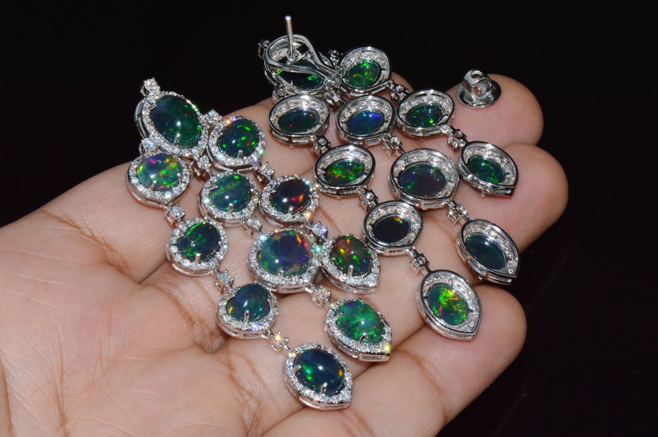 Certified Natural 31.18CTS VS F Diamond Black Opal 18K Solid Gold Dangle Chandelier Earrings