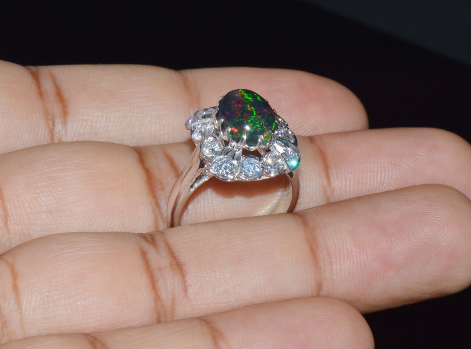 Certified Natural 2.69Cts VS F Diamond Black Opal 18K Solid Gold Tiered Dome Ring