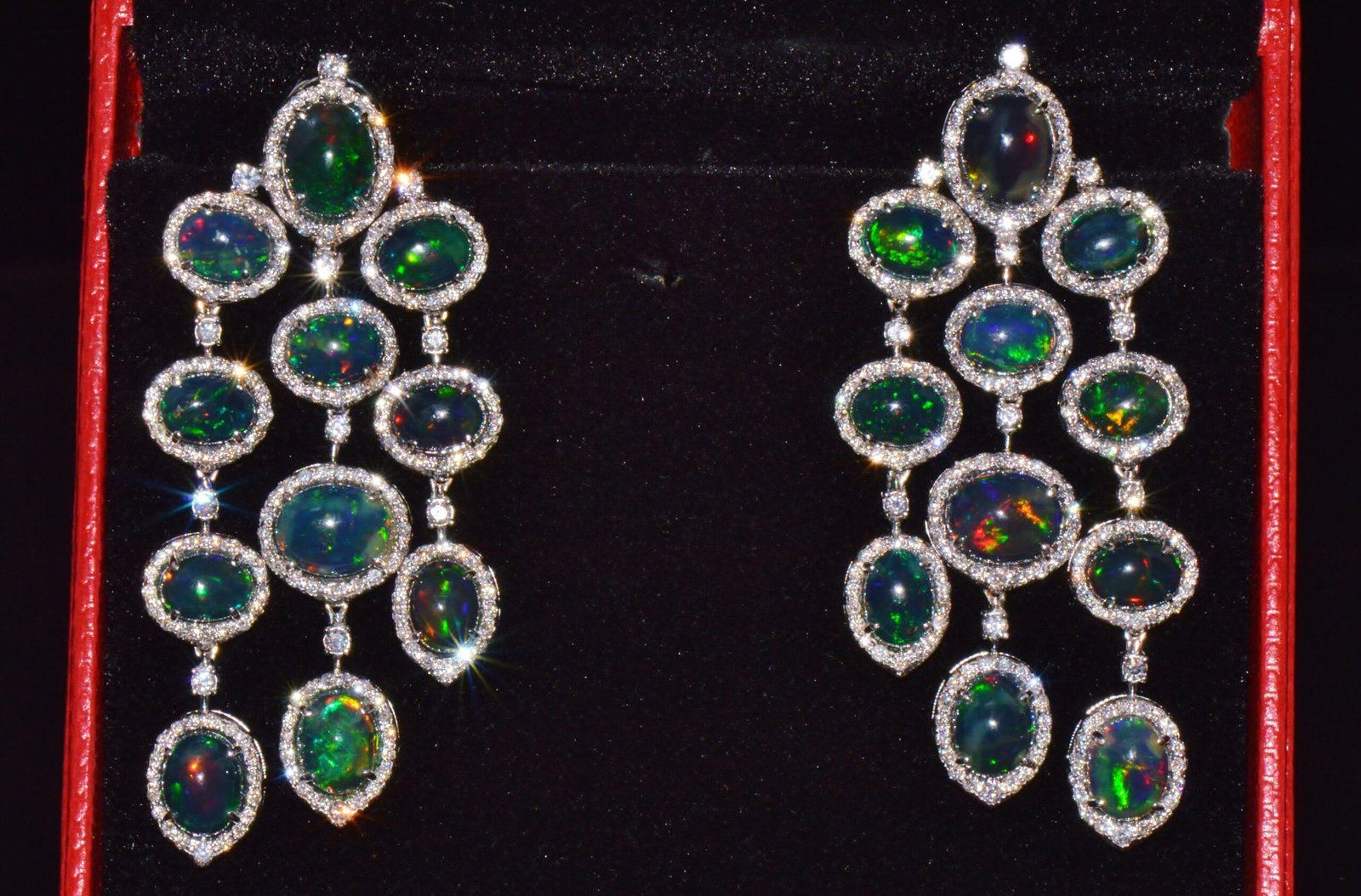Certified Natural 31.18CTS VS F Diamond Black Opal 18K Solid Gold Dangle Chandelier Earrings