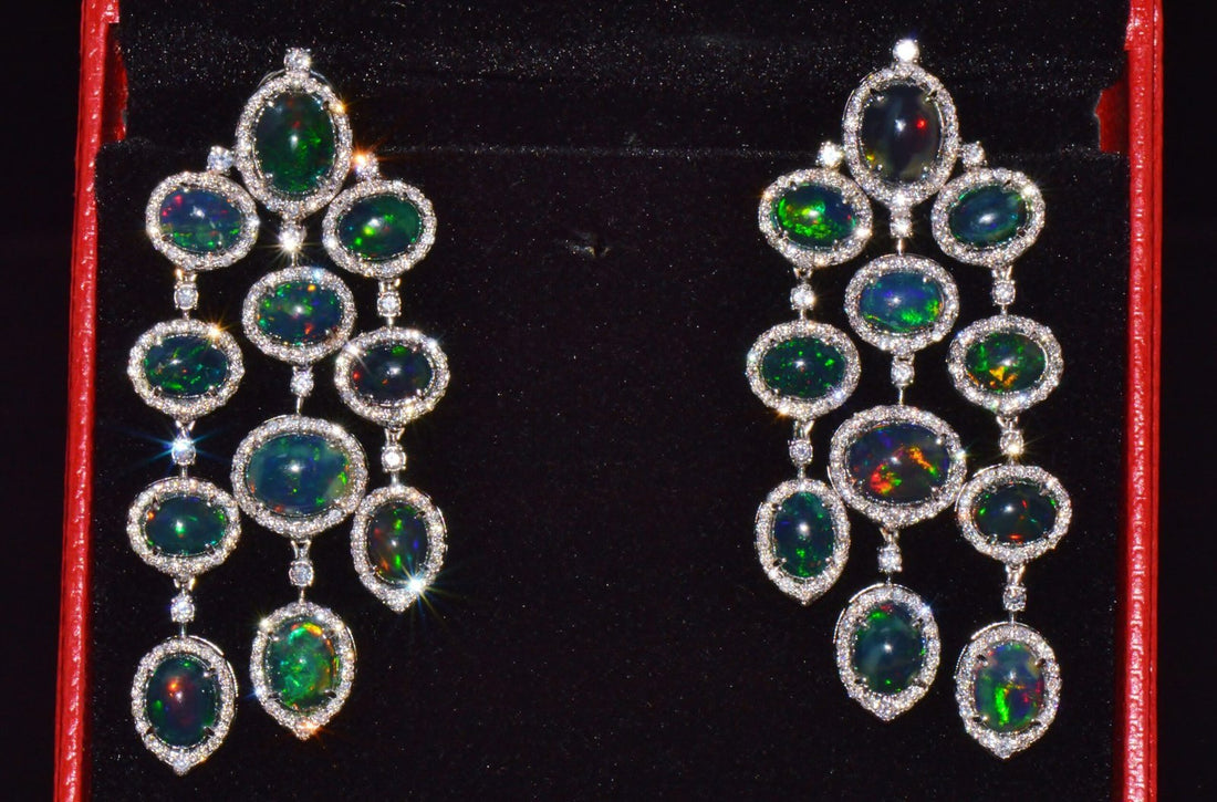 Certified Natural 31.18CTS VS F Diamond Black Opal 18K Solid Gold Dangle Chandelier Earrings