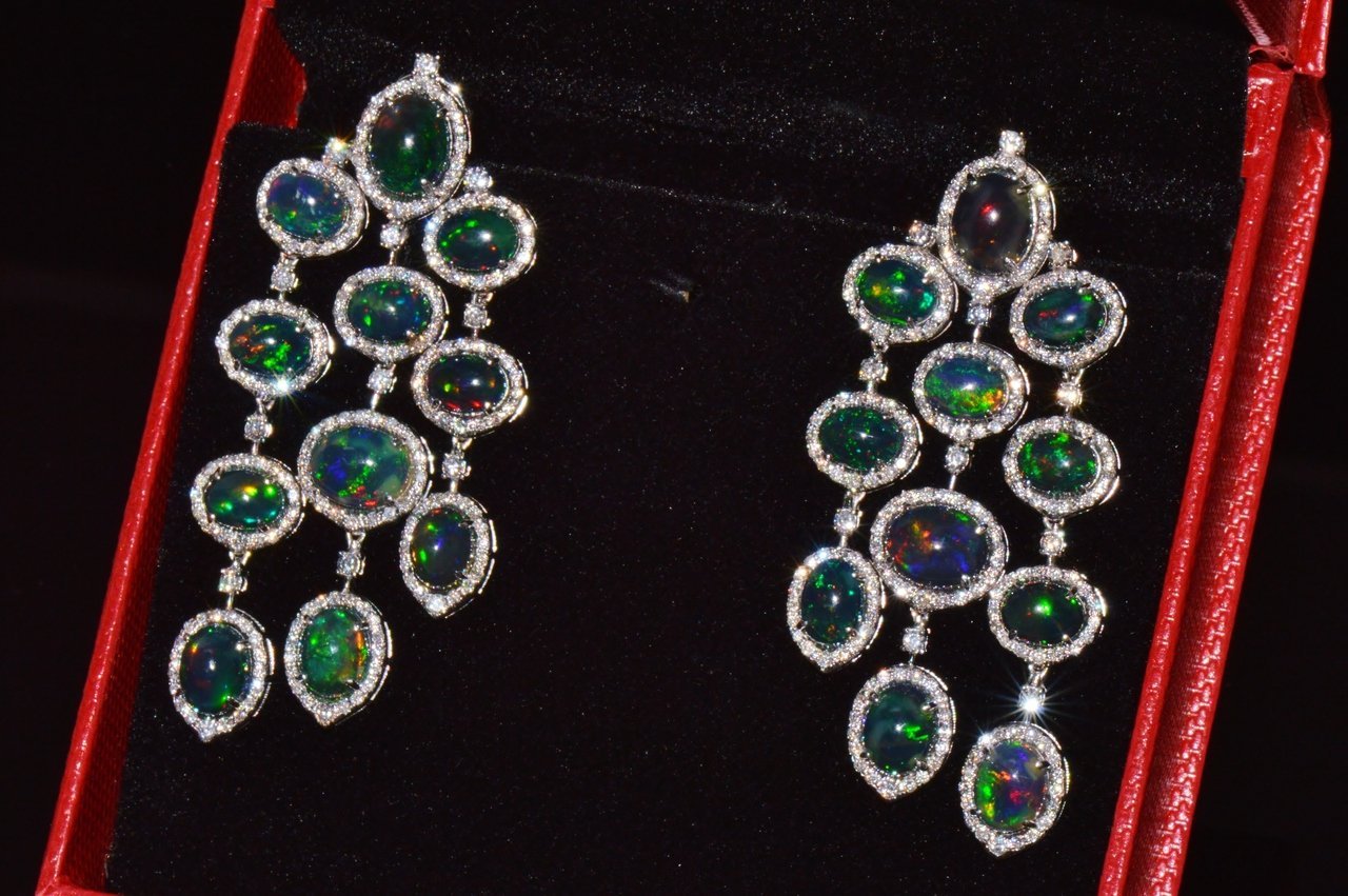 Certified Natural 31.18CTS VS F Diamond Black Opal 18K Solid Gold Dangle Chandelier Earrings
