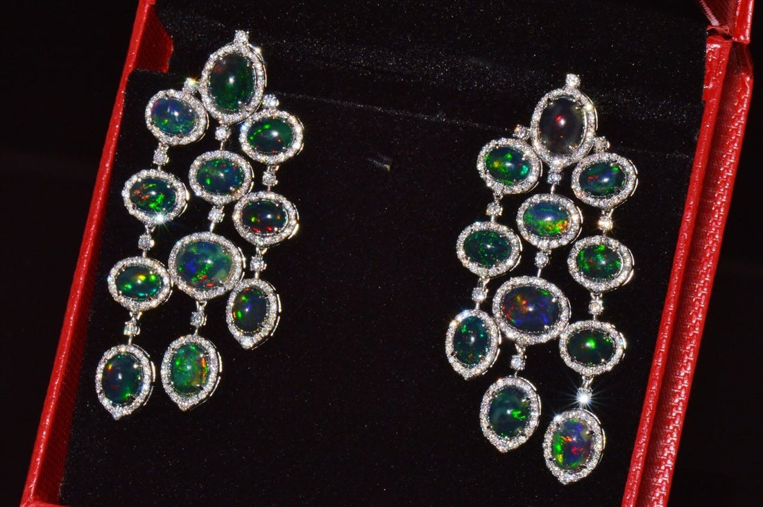 Certified Natural 31.18CTS VS F Diamond Black Opal 18K Solid Gold Dangle Chandelier Earrings