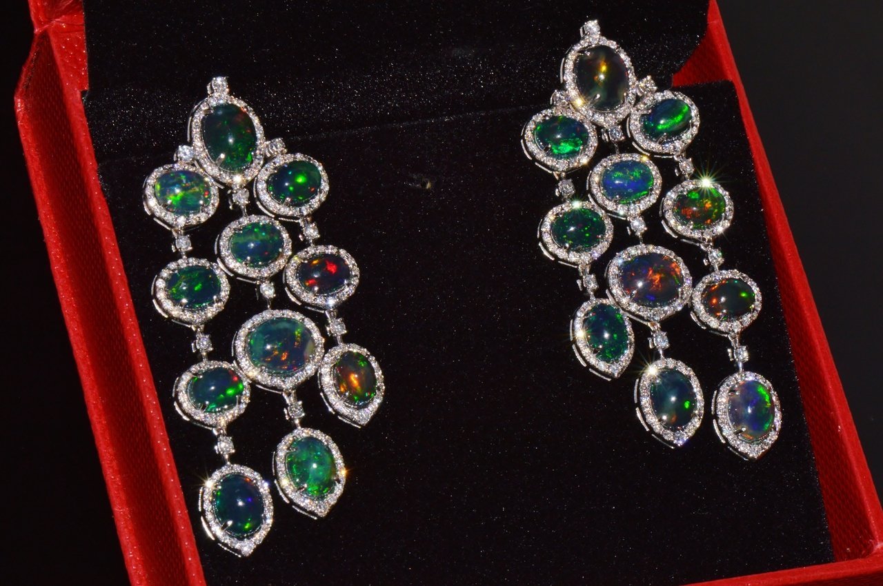 Certified Natural 31.18CTS VS F Diamond Black Opal 18K Solid Gold Dangle Chandelier Earrings