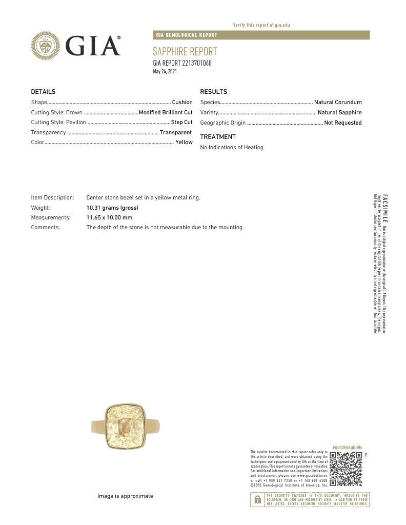 GIA Certified Natural 11.45cts Ceylon Yellow Sapphire 18K Solid Gold Bezel Dome Ring