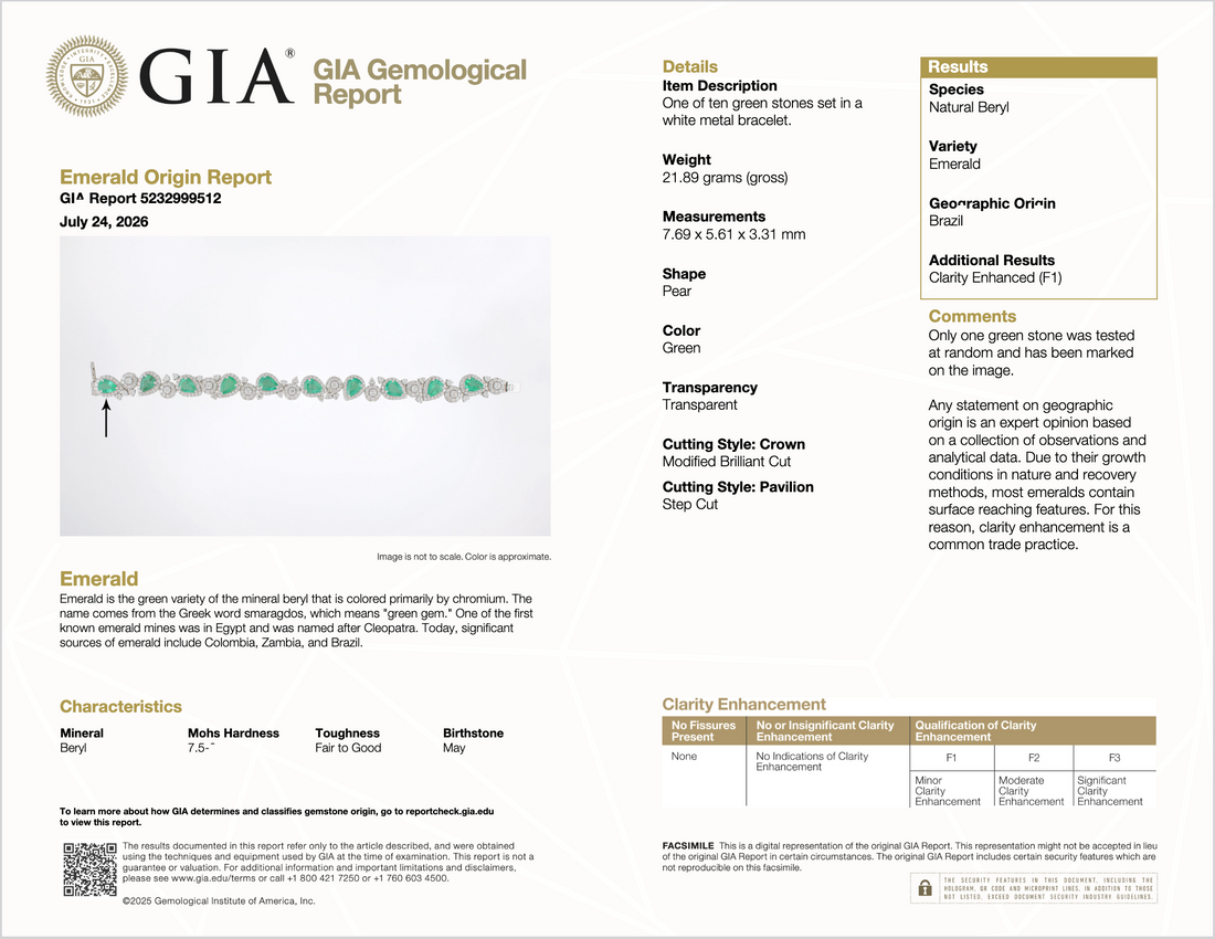 GIA Natural 15.05CTS Brazilian Emerald Diamond 18K White Gold Bracelet