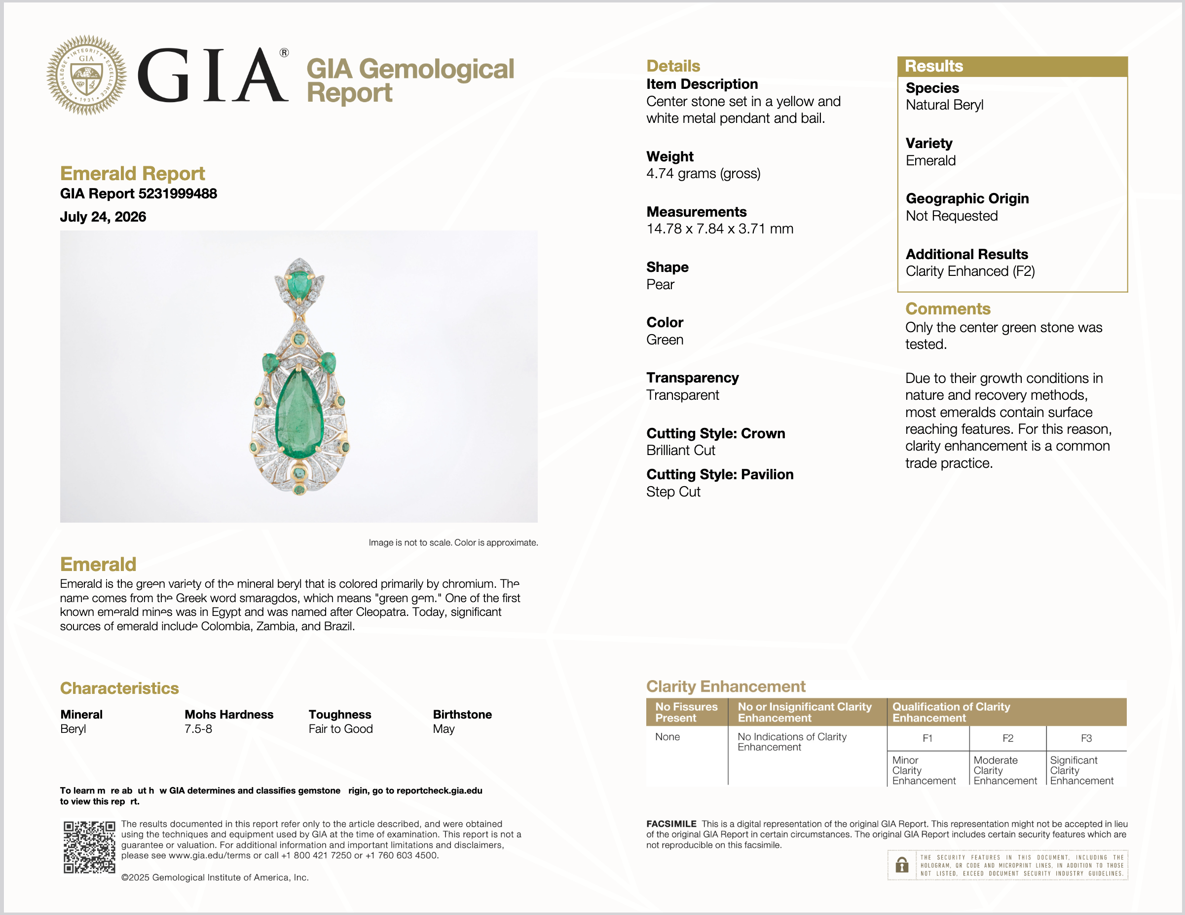 GIA Natural 4.10Cts Emerald Diamond Solid 18K Gold Pendant Necklace