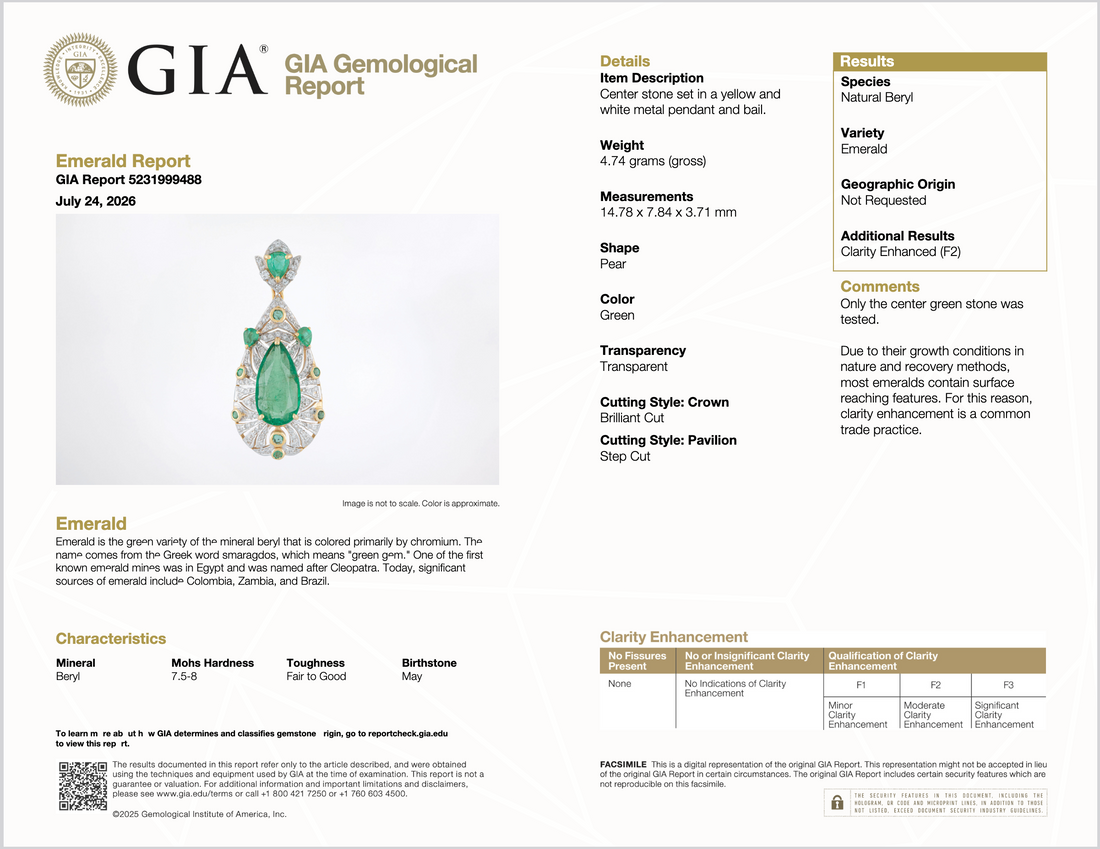 GIA Natural 4.10Cts Emerald Diamond Solid 18K Gold Pendant Necklace
