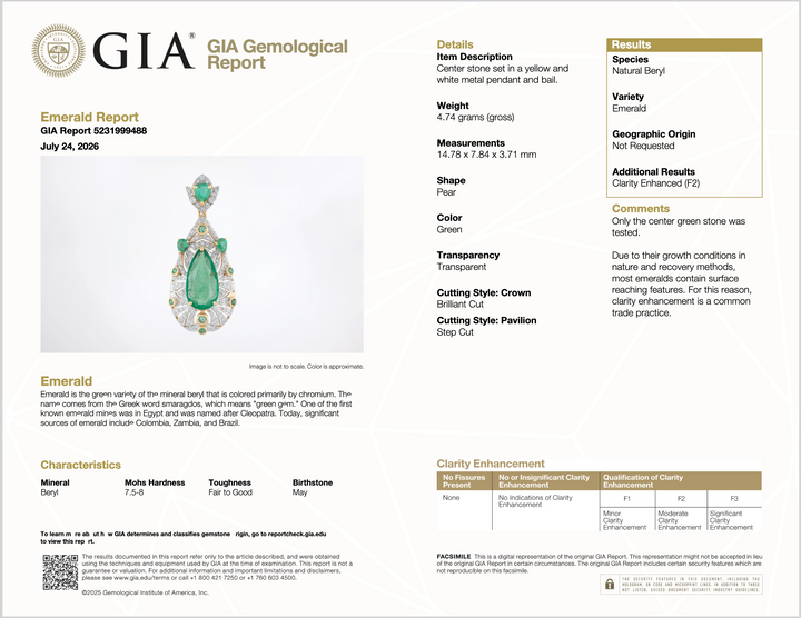 GIA Natural 4.10Cts Emerald Diamond Solid 18K Gold Pendant Necklace
