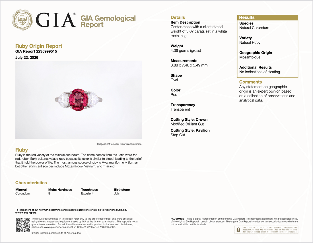 GIA 4.47Cts No-Heat Mozambique Ruby & D VVS2 Heart Diamond Platinum Three Stone Ring