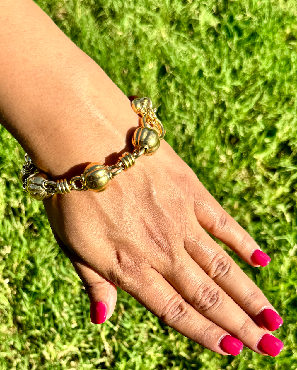 Estate Primavera Preziosi Italian Solid 18K Gold Carnelian Bead Fluted Ball Toggle Bracelet