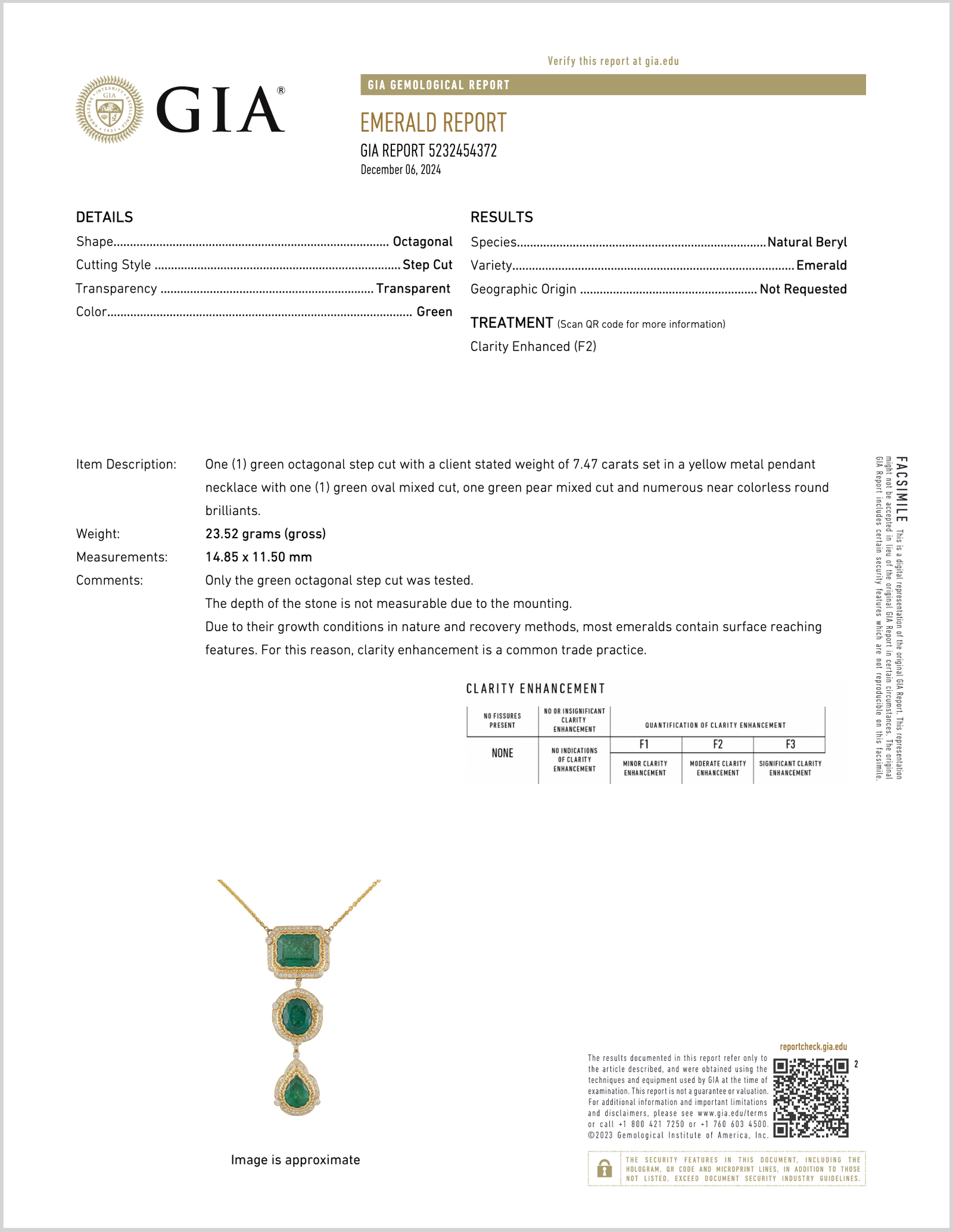 GIA Natural 18.4Cts VS F Diamond Emerald 18K Solid Gold Reversible 2-in-1 Pendant Necklace