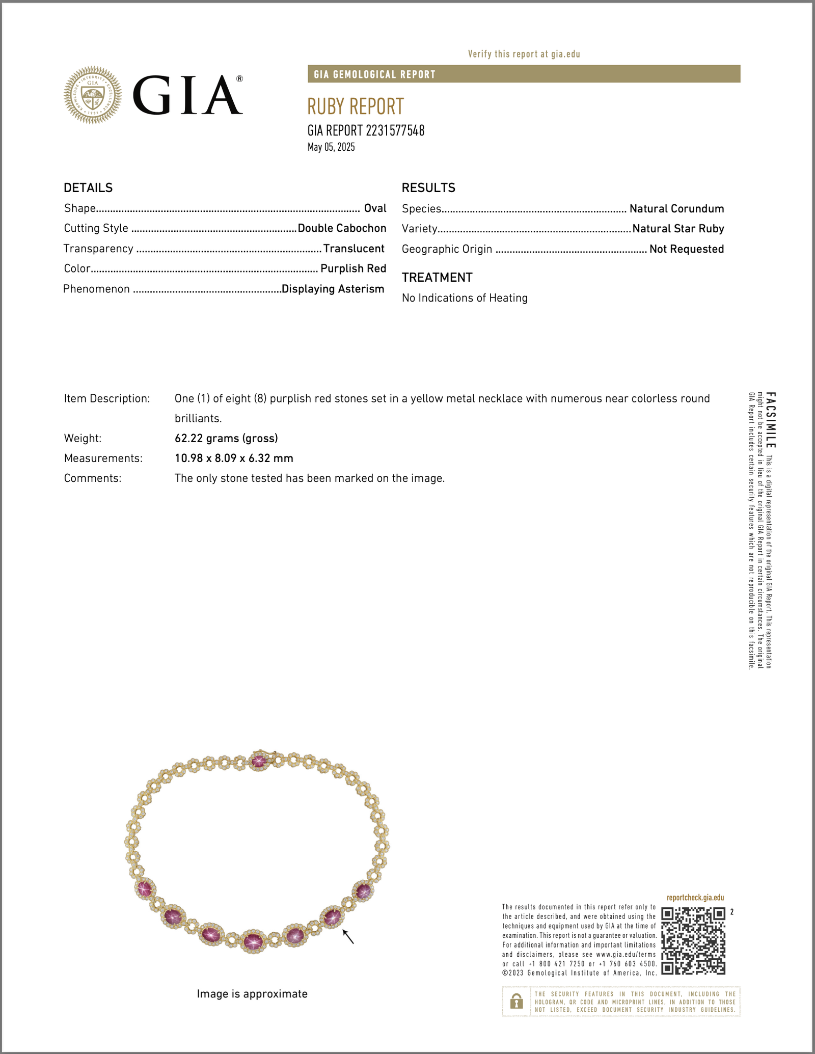 GIA Certified Natural 57.52CTS VS F Diamond Star Ruby 18K Solid Gold Necklace