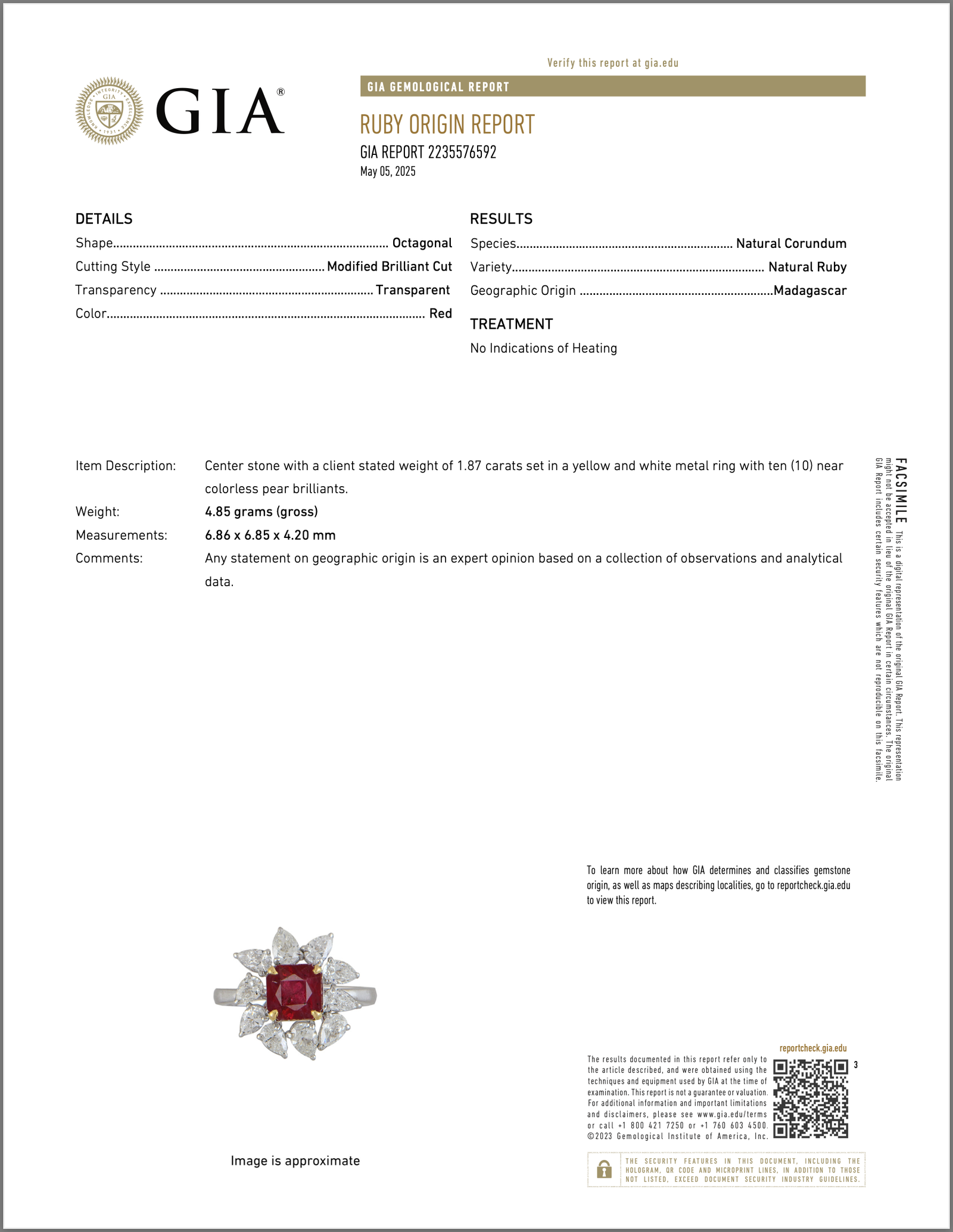 GIA Certified Natural 3.38Cts Madagascar Ruby Diamond Solid 18K Gold Cocktail Ring