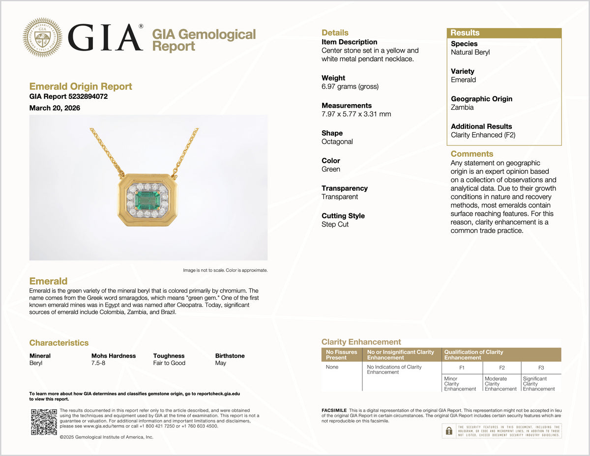 GIA Certified Natural 1.76Cts Emerald Diamond 18K Solid Gold Necklace