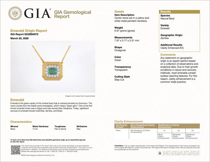 GIA Certified Natural 1.76Cts Emerald Diamond 18K Solid Gold Necklace