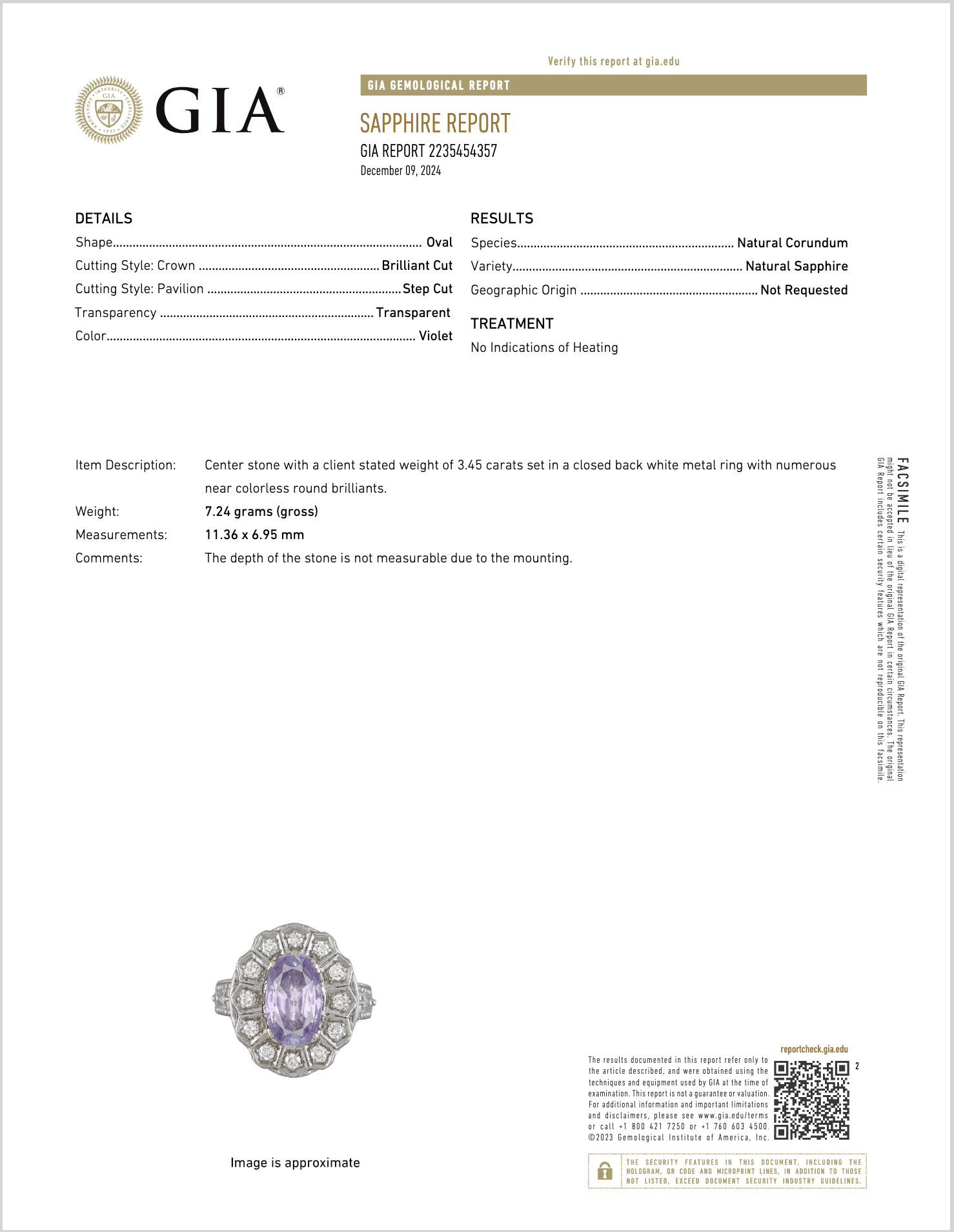 GIA Certified Natural 4CTS VS F Diamond No Heat Violet Sapphire 18K Gold Art Deco Etruscan Halo Ring