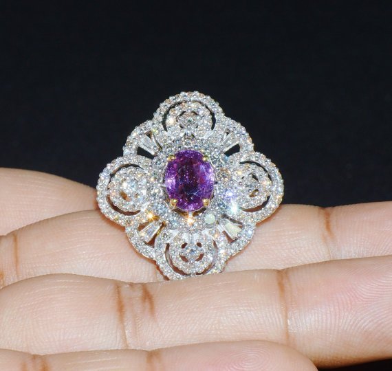 GIA Certified Natural 5.3CTS VS F Diamond Purplish Pink Sapphire 18K Solid Gold Ring