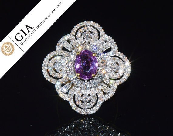 GIA Certified Natural 5.3CTS VS F Diamond Purplish Pink Sapphire 18K Solid Gold Ring