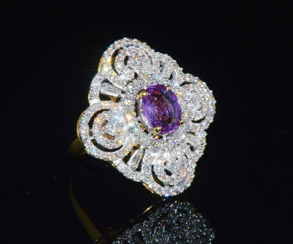 GIA Certified Natural 5.3CTS VS F Diamond Purplish Pink Sapphire 18K Solid Gold Ring