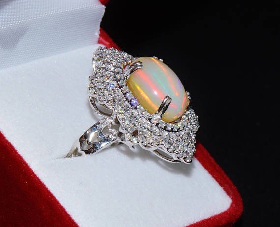 Certified Natural 7.6CTS VS F Diamond Opal 18K Solid Gold Cocktail Dome Ring