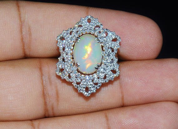 Certified Natural 7.6CTS VS F Diamond Opal 18K Solid Gold Cocktail Dome Ring