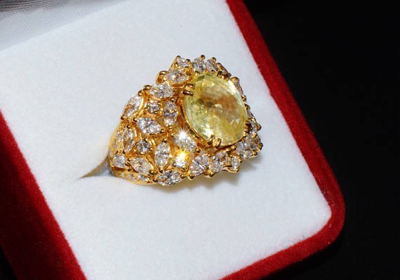 GIA Certified 8.35CTS VS F Diamond Ceylon Sapphire 18K Solid Gold Bombay Dome Ring