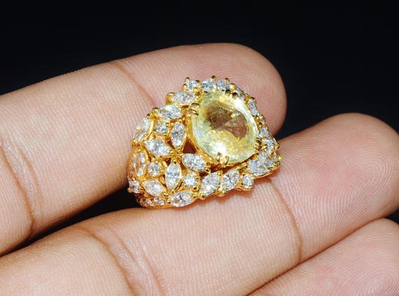 GIA Certified 8.35CTS VS F Diamond Ceylon Sapphire 18K Solid Gold Bombay Dome Ring