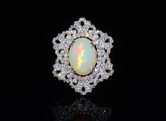 Certified Natural 7.6CTS VS F Diamond Opal 18K Solid Gold Cocktail Dome Ring