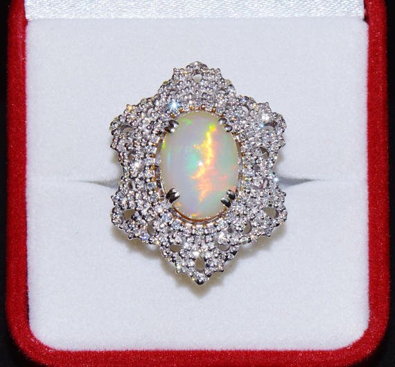Certified Natural 7.6CTS VS F Diamond Opal 18K Solid Gold Cocktail Dome Ring