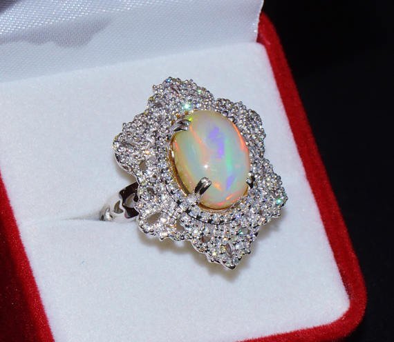 Certified Natural 7.6CTS VS F Diamond Opal 18K Solid Gold Cocktail Dome Ring