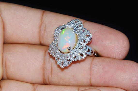 Certified Natural 7.6CTS VS F Diamond Opal 18K Solid Gold Cocktail Dome Ring