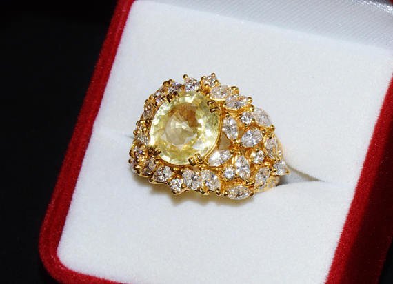 GIA Certified 8.35CTS VS F Diamond Ceylon Sapphire 18K Solid Gold Bombay Dome Ring