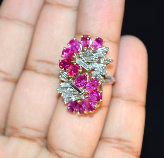 Certified Natural 8.76CTS VVS G Diamond Ruby 18K Solid Gold Cocktail Ring