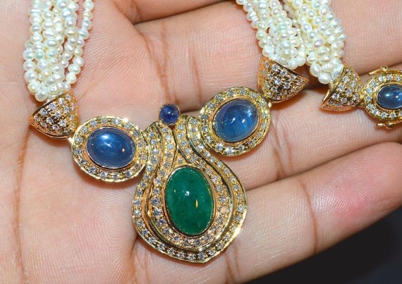 Certified Natural 141.4CTS VS F Diamond Emerald Sapphire Pearl 18K Solid Gold Necklace