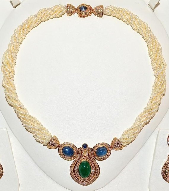 Certified Natural 141.4CTS VS F Diamond Emerald Sapphire Pearl 18K Solid Gold Necklace