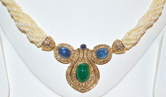 Certified Natural 141.4CTS VS F Diamond Emerald Sapphire Pearl 18K Solid Gold Necklace