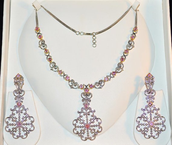 Certified Natural 12.84CTS VS G Diamond Pink Sapphire 18K Solid Gold Necklace Earrings Set